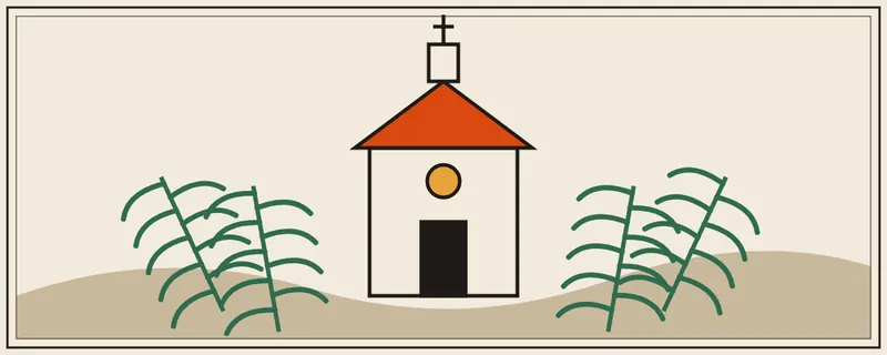 Ilustración de una iglesia colonial con ramos de palma del Domingo de Ramos para abril