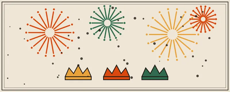 Grabado ilustrado de fuegos artificiales y tres coronas de los Reyes Magos para enero
