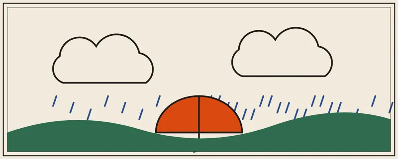Ilustración de nubes, lluvia y un paraguas rojo: temporada de lluvias de marzo