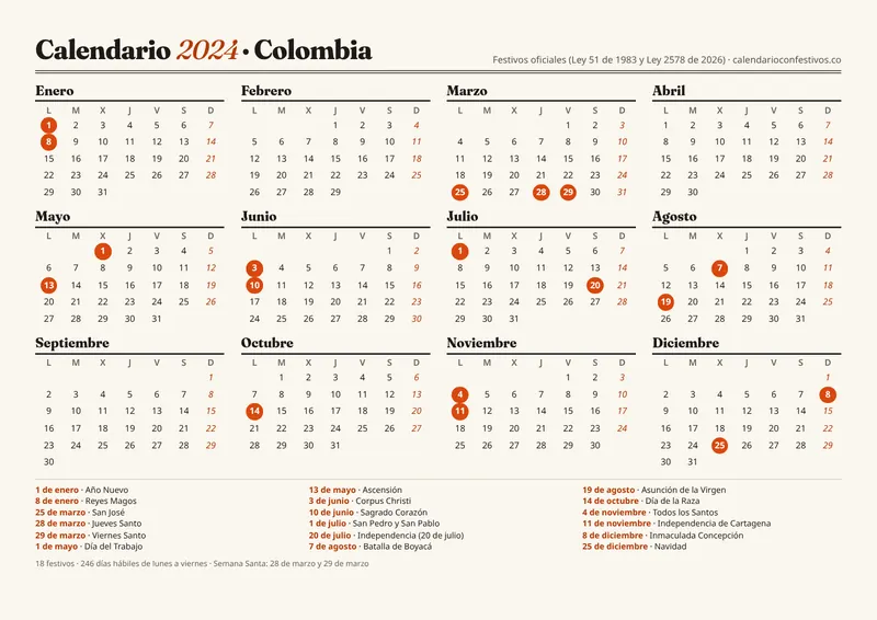 Vista previa del calendario 2024 para imprimir en A4 horizontal, con los festivos de Colombia marcados en rojo