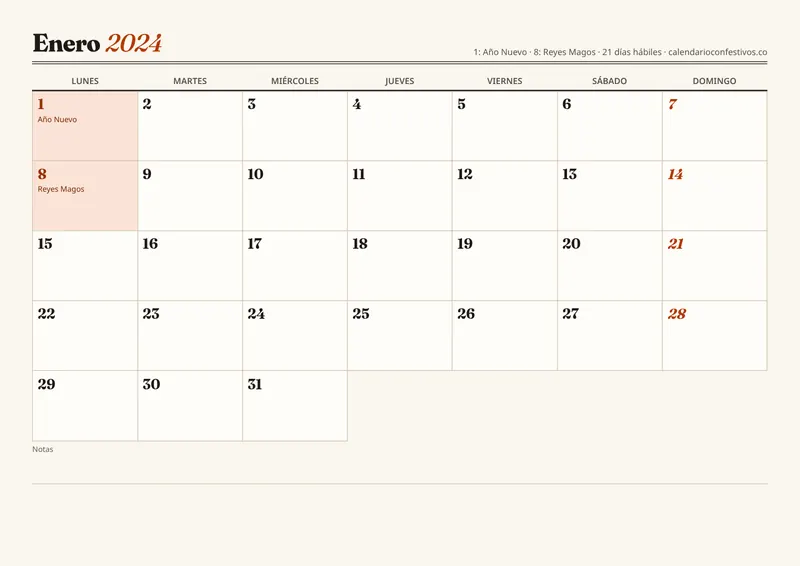 Vista previa del calendario 2024 mensual (12 hojas) para imprimir