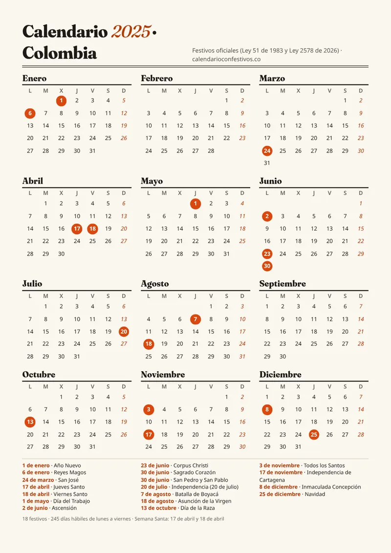 Vista previa del calendario 2025 anual vertical para imprimir