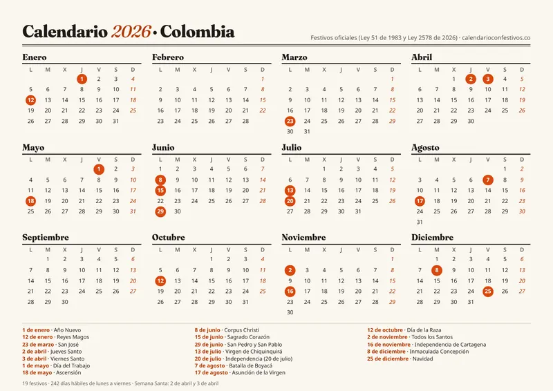 Calendario 2026 de Colombia para imprimir en A4 horizontal, con los 19 festivos marcados en círculos rojos