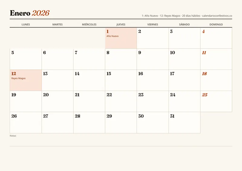 Vista previa del calendario 2026 mensual (12 hojas) para imprimir