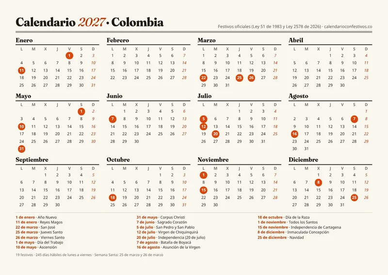 Vista previa del calendario 2027 para imprimir en A4 horizontal, con los festivos de Colombia marcados en rojo