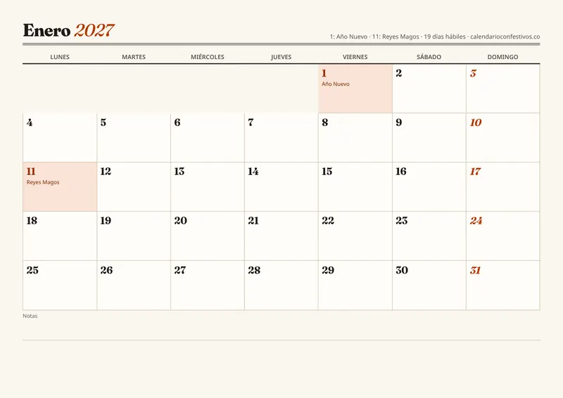 Vista previa del calendario 2027 mensual (12 hojas) para imprimir