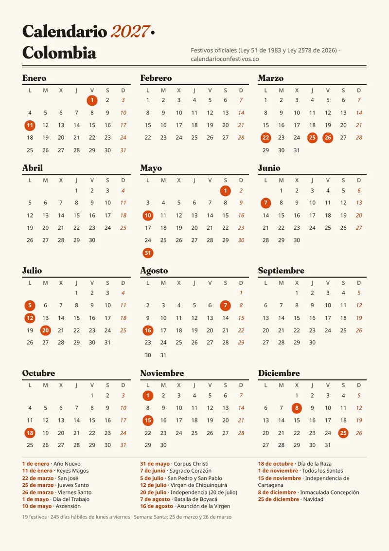 Vista previa del calendario 2027 anual vertical para imprimir