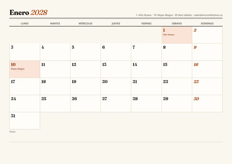 Vista previa del calendario 2028 mensual (12 hojas) para imprimir