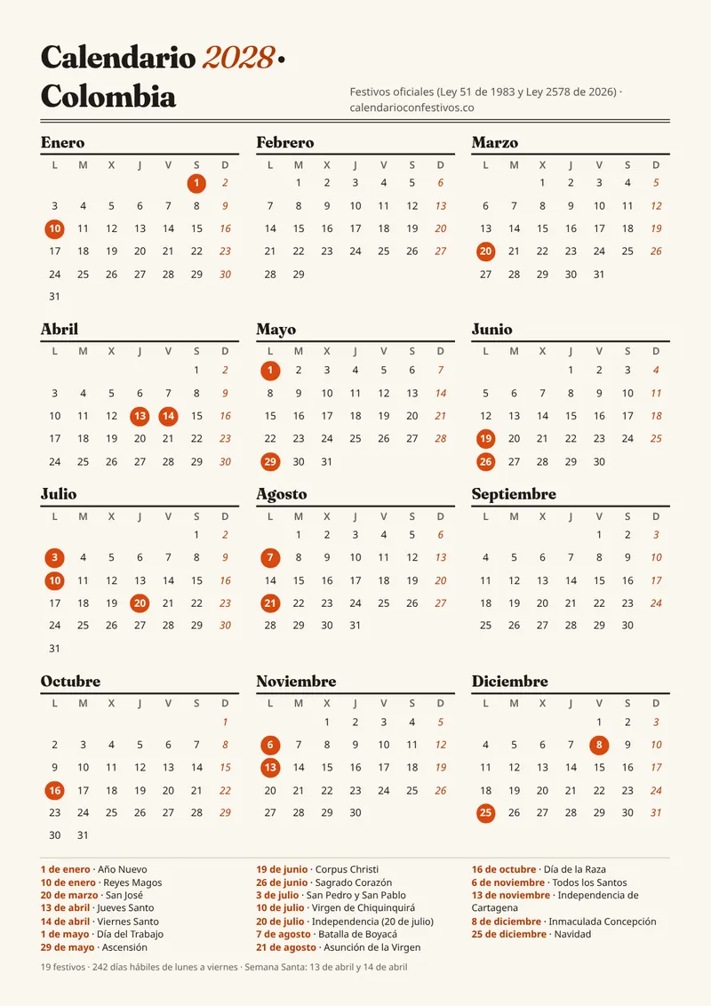 Vista previa del calendario 2028 anual vertical para imprimir